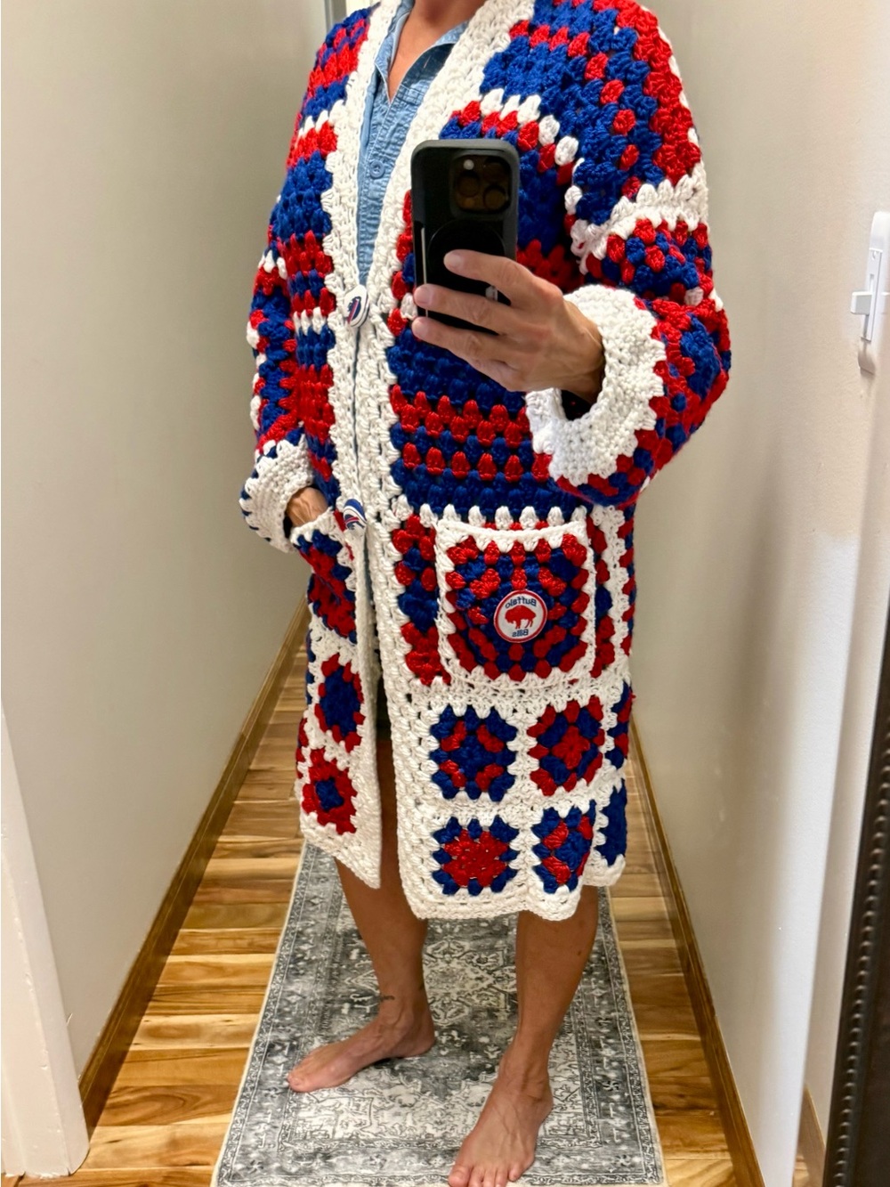 Buffalo Crochet Cardigan Sweater — Team-Inspired Open Front